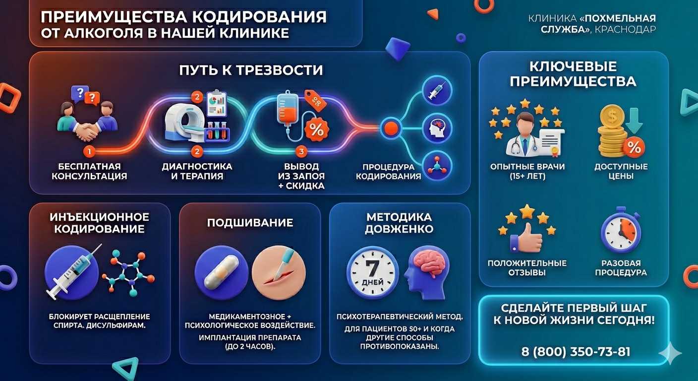 Инфографика о методах кодирования от алкоголя в Кацивели: инъекции, подшивание, метод Довженко. Преимущества клиники и этапы лечения.