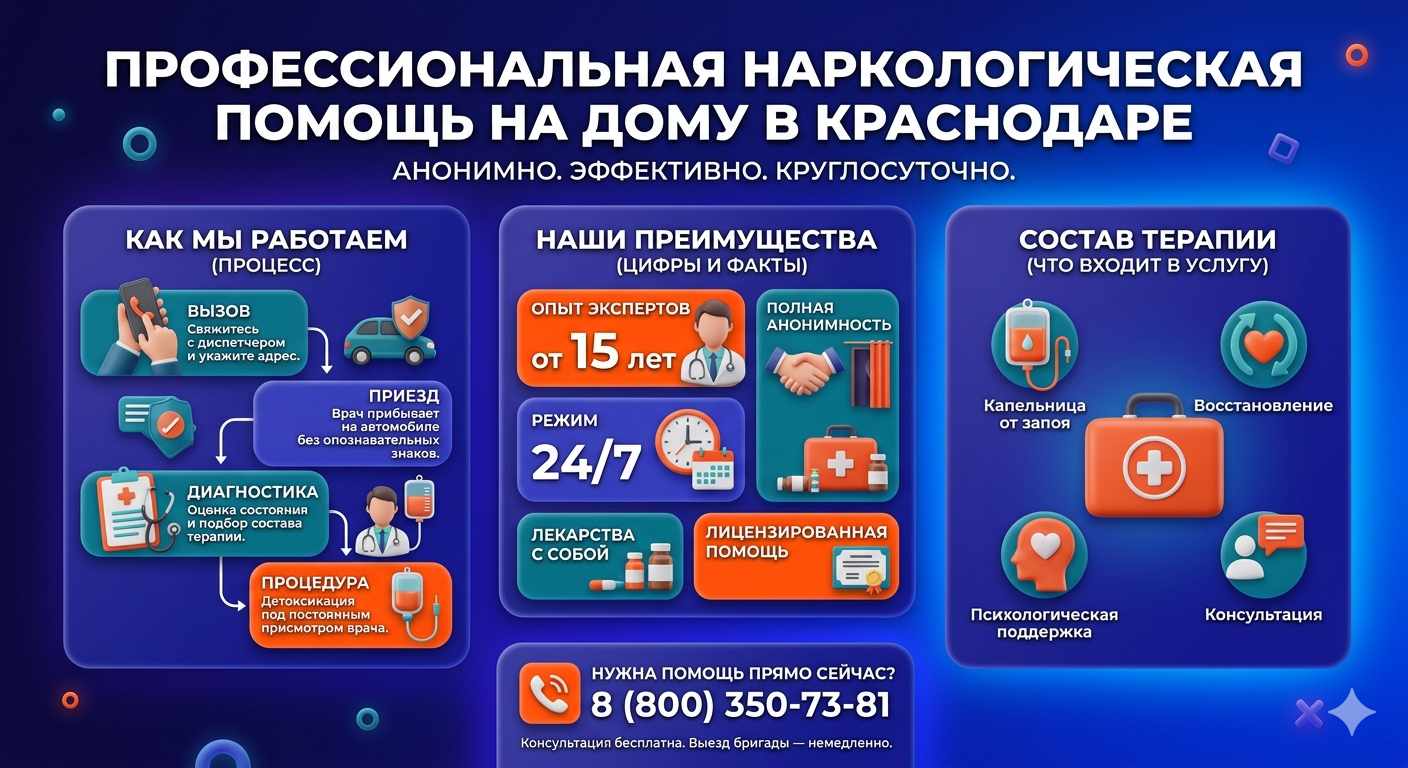 Инфографика о принципах лечения алкоголизма на дому в Кацивели: этапы вызова нарколога, преимущества анонимной детоксикации и состав медицинской помощи.